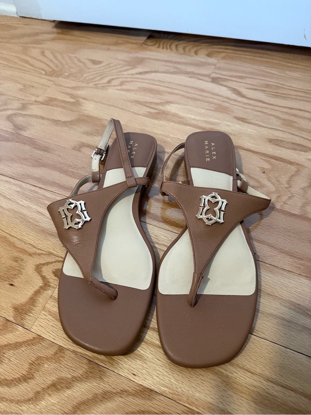 Alex Marie Brown and Cream Leather T-Strap Sandals with Gold Accent